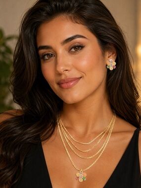 Gold Multi-Layer Flower Pendant Necklace with Colorstone Accents